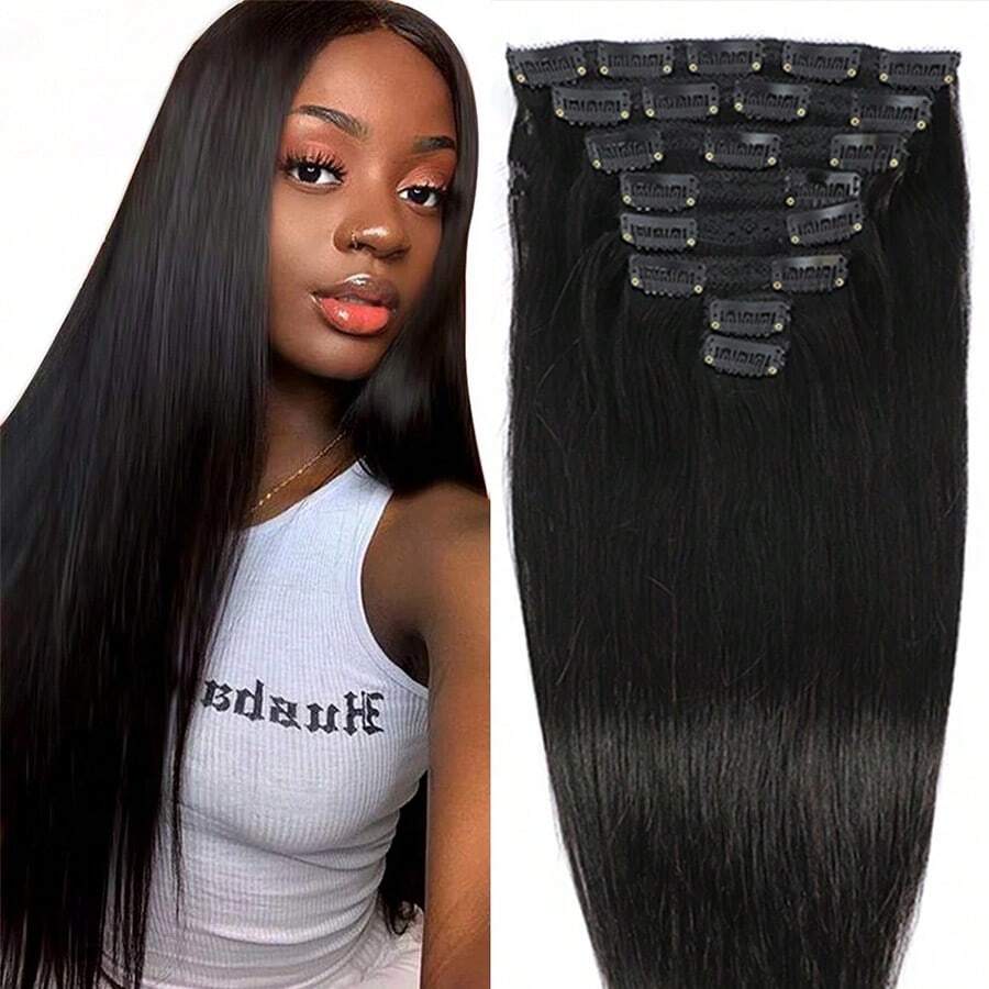 BINF Straight Clip In Hair Extensions Real Remy Hair Extensions 8-24 Inch Natural Color #1B Black 120g For Women High Quality - Natural Black - 查看 1