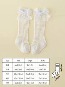 1 双女婴可爱蕾丝蝴蝶结装饰棉质透气及膝袜，春夏 - 白色 - 查看 3