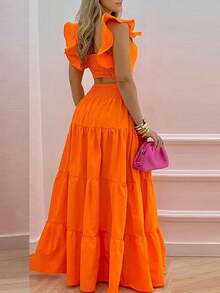 ZIAI Bộ 2 món váy xòe hai dây cạp trung gợi cảm mùa hè 2025 dành cho nữ, in họa tiết thời trang. - trái cam - Xem 4