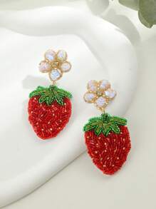 1 Pair Handmade Beaded Flower & Fruit Strawberry Dangle Earrings, Suitable For Women Casual/Holiday Wear In Summer - Strawberry Rice Bead Earrings - View 6