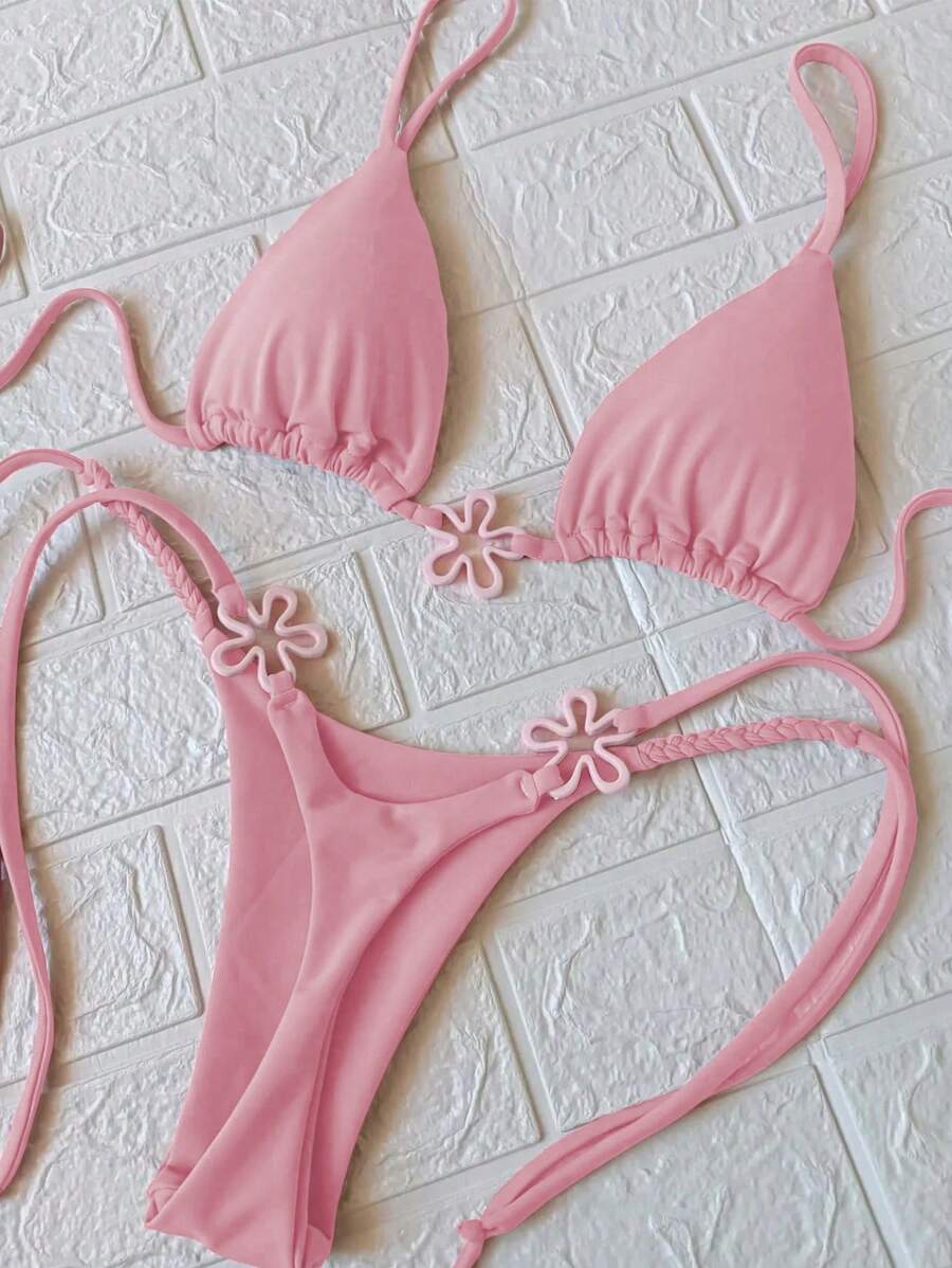 纯色性感欧美风格女士比基尼泳装 - 粉色 - 查看 1