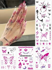 5 Blatt Y2K Tattoos, sexy temporäre Tattoos, Fingertattoos für Frauen, wasserfeste realistische mehrfarbige Tattoo-Aufkleber im Punk-Stil mit rosa Rose, Schmetterling, rotem Herz, Spinne und Schleife für Partys, Dates, Musikfestivals