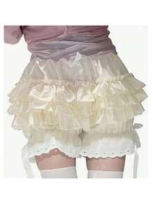 Women's Cute Bloomers Shorts Lace Trim Layered Ruffle Bowknot Elastic Waist Short Pants Summer Casual Shorts
