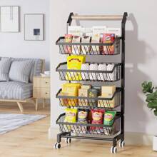 Snack Cart With Wheels 4-Tier Adjustable Fruit Rack Fruit Vegetable Basket Cart Metal Wire Storage Cart Rolling Pantry Utility Kitchen Cart - Black - View 6