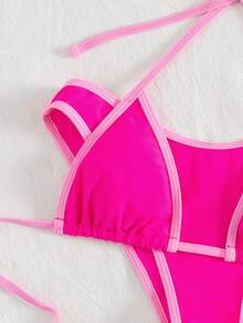 PEPPERMOLLY Bộ bikini màu trơn mới, chất liệu mềm mại, cổ buộc dây, kiểu dáng gợi cảm, thích hợp cho kỳ nghỉ hè ở bãi biển. - Màu Hồng Tươi - Xem 4