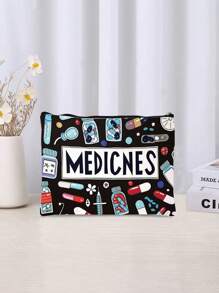 黑色帆布药丸收纳袋，带拉链 - 可重复使用的旅行和化妆包，商务旅行必备，采用“药物”和彩色医学插图设计，是送给女性、姐妹、女儿的完美礼物