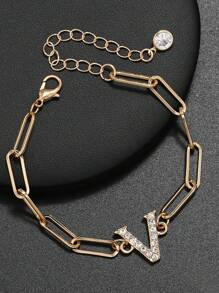 1pc New Gold 26-Letter Paper Clip Bracelet, Fashion Simple Rhinestone Bracelet, Material Alloy, Spring And Summer Fashion Bracelet - Letter Jewelry - View 12