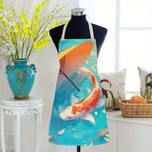 1pc Koi Carp In Fish Pond 3D Pattern Linen Apron For Home Cooking, Kitchen Wear, And Cooking Enthusiasts - Multicolor - View 2