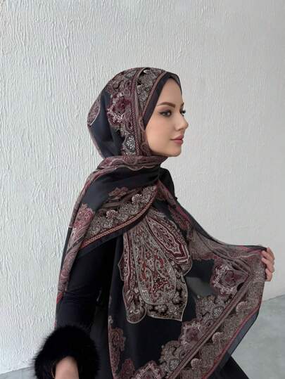 一件雪纺印花头巾，优雅奢华复古色系女士头巾披肩，可作头巾、头巾、长袍配饰、女士面纱，适合搭配连衣裙