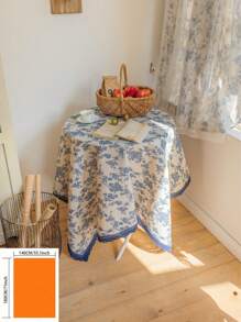 法式奢华复古风格蓝玫瑰花卉蕾丝边长方形桌布，适用于咖啡桌、电视柜、节日派对、生日、婚礼、户外拍摄背景，四季皆宜 - 藍白色 - 查看 10