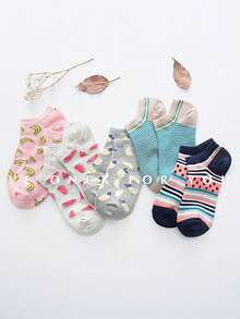 1/5 أزواج جوارب نساء رفيعة، متعددة الألوان بنمط فاكهة كرتونية شريطية مثل البطيخ والموز، ألوان متباينة جذابة، ناعمة ومريحة للاستخدام اليومي الكاجوال، جوارب خفيفة مناسبة للربيع والصيف - متعدد الألوان - مشاهدة 3