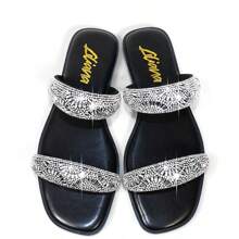 Giày sandal đế bệt mũi tròn đính đá PU màu đen hai dây thời trang dành cho nữ, quai đôi, đi nghỉ mát - màu đen - Xem 5