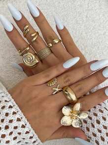 8pcs/Set Vacation Style Starfish & Scallop Open Ring Set, Smooth Metal Flower Rings, Suitable For Party, Gift, Daily Wear - Gold - View 3