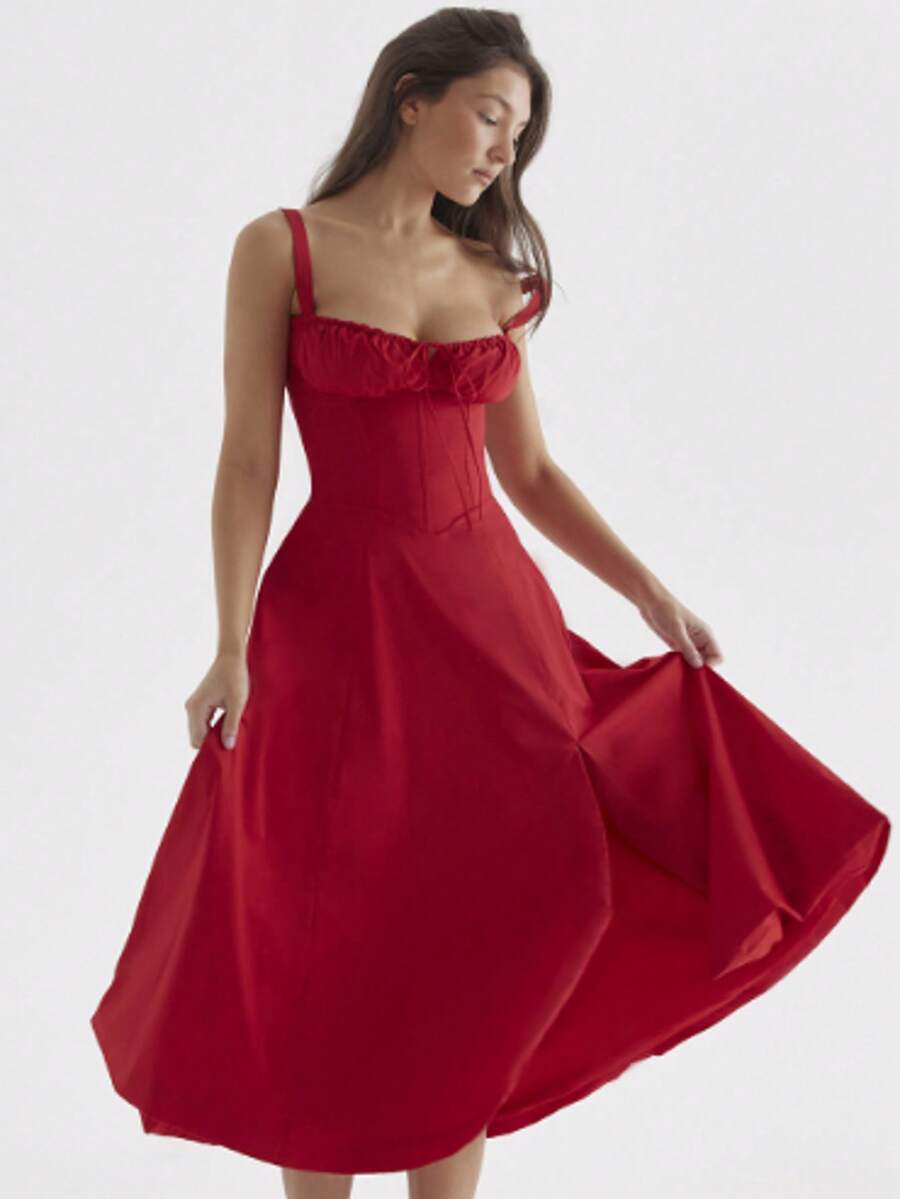 Verano viajero temperamento color sólido moda de gama alta halter vestido falda femenina - Rojo - Ver 1