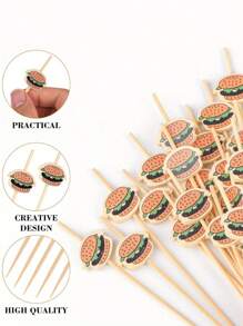 100pcs Toothpicks For Appetizers,Hamburger Pattern Bamboo Toothpicks Hamburger Picks, 4.7 Inch Bamboo Picks Skewers Fruit Sticks, Fancy Toothpicks For Breakfast Sandwiches Hamburger Fruit And Parties Events - Hamburger - View 4