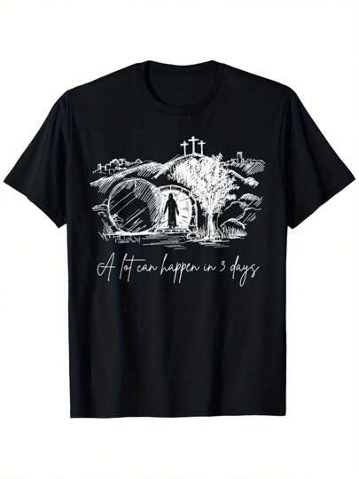 Mucho puede suceder en 3 días Camiseta de algodón con temática cristiana - Negra de manga corta y cuello redondo,% tejido suave, diseño religioso impreso por transferencia de calor con cruces y silueta rezando, ajuste casual para hombres y mujeres, perfecta para Viernes Santo, Pascua, Acción de Gracias, regalos de Navidad, tallas S-