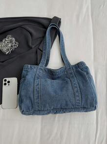 1 件高品质蓝色单肩手提包，大容量帆布工作/休闲包，简约百搭女士手提包 - 淺藍色 - 查看 3