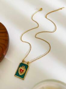 Monlansher 1 件不锈钢心形吊坠项链，手工珐琅装饰，时尚简约，百搭日常佩戴 - 金色 - 查看 11