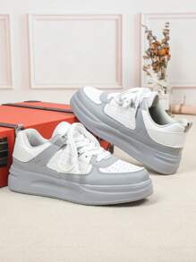 White & Grey Classic Color Versatile, Dirt-Resistant, Comfortable All-Match Color Casual Lace-Up Low-Top Thick Sole Sneakers, Suitable For Students, Teenage, Back To School, Meetings, Dining, Gifts, Fashionable Outings - Multicolor - View 3