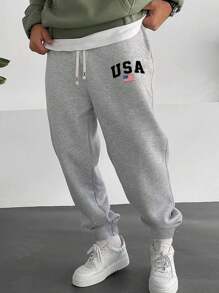 秋季男士运动裤，秋季针织弹力腰带抽绳浅灰色慢跑裤，字母图案印花，适合户外活动和慢跑 - 淺灰色 - 查看 2