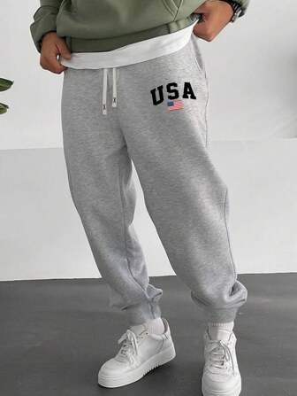 秋季男士运动裤，秋季针织弹力腰带抽绳浅灰色慢跑裤，字母图案印花，适合户外活动和慢跑