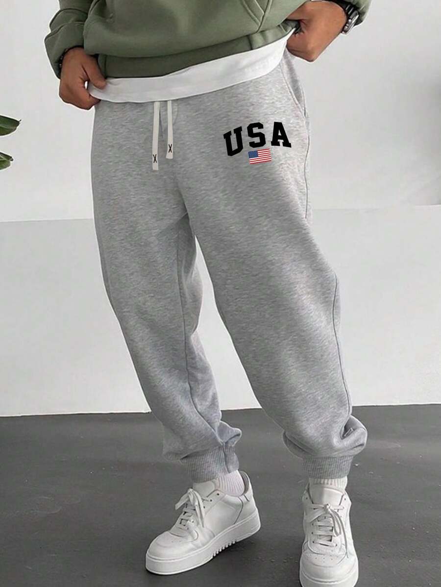 秋季男士运动裤，秋季针织弹力腰带抽绳浅灰色慢跑裤，字母图案印花，适合户外活动和慢跑