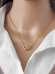 1 pezzo Collana con pendente in acciaio inossidabile, design elegante a fermaglio d'oro, semplice pendente ovale aperto, regalo di gioielleria per ragazze