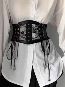 1 pieza Corselete elástico negro de encaje y malla sexy, adecuado para festivales, reuniones y fiestas. Corselete femenino para vestidos, entrenador de cintura para estilizar la cintura y controlar el abdomen.