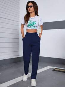 Women's Tailored Trousers, Solid Color, Straight Leg, Suit, Elegant, Chic - Navy Blue - View 4