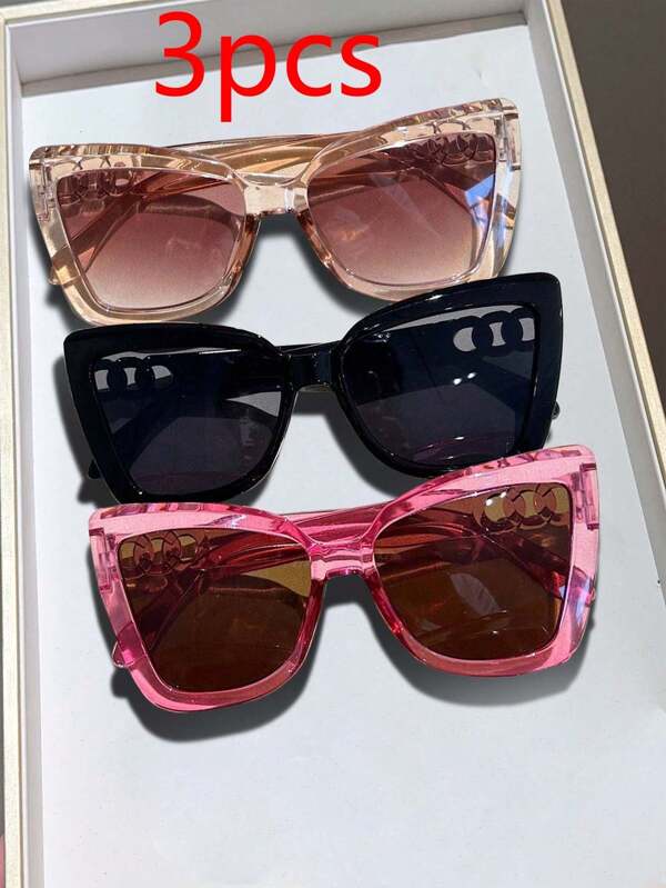 3pcs/1pc Girls Cat-Eye Large Frame Chain Asymmetrical Design - Fashionable And - Suitable For Vacation And Beach Matching