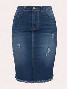 女式复古高腰牛仔裙，磨损下摆，纽扣前开襟，春夏款，70% 纯棉，独特磨损边缘中长牛仔裙，修身休闲性感，复古水洗 - 中等水洗藍 - 查看 3