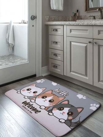 1pc 1.0CM Thick Soft & Elastic Bathroom Mat, Modern Cartoon Cute Kitty Pattern Bath Rug, Water Absorbent Non-Slip Indoor Entrance Floor Carpet, Home Decor Doormat For Bathroom, Bedroom, Living Room, Party & Festival Decoration Back To School