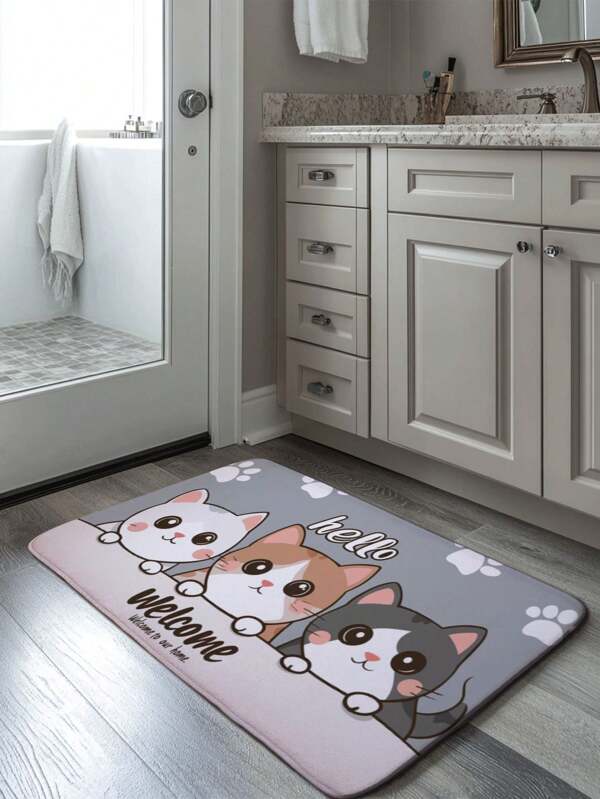 1pc 1.0CM Thick Soft & Elastic Bathroom Mat, Modern Cartoon Cute Kitty Pattern Bath Rug, Water Absorbent Non-Slip Indoor Entrance Floor Carpet, Home Decor Doormat For Bathroom, Bedroom, Living Room, Party & Festival Decoration Back To School