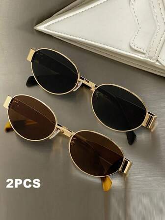 2 Pairs Vintage Oval Metal Sunglasses, Classic Style For Outdoor Travel Beach Vacation Casual Wear, UV Protection Driving Glasses For Summer Fashionable Shade Elegant Outfit Family Outings Travel Vacation Holiday For Summer Beach Vacation,Outdoor,Travel
