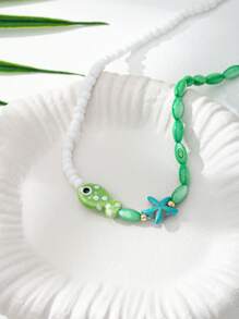 1pc Handmade Summer Ceramic Fish & Starfish Colorblock Boho Beaded Necklace, Vacation Style Bohemian Jewelry For Women - Multicolor - View 9