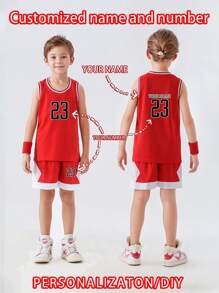 Set de uniforme de baloncesto infantil de 2 piezas, jersey de baloncesto personalizado, parte superior sin mangas de verano con número personalizado, conjunto de jersey rojo para niños, uniforme de equipo de competición de baloncesto, parte superior sin mangas con texto personalizado, jersey de baloncesto para niños y niñas, conjunto de baloncesto de verano para niños