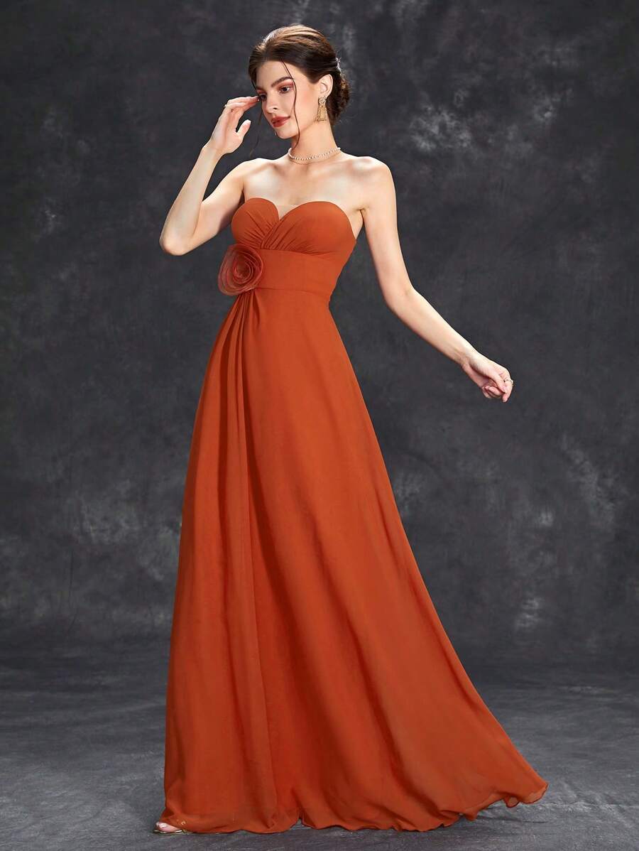 Vestido maxi de corte A con escote de corazón, busto fruncido y cinturón, vestido de dama de honor - Teja - Ver 1