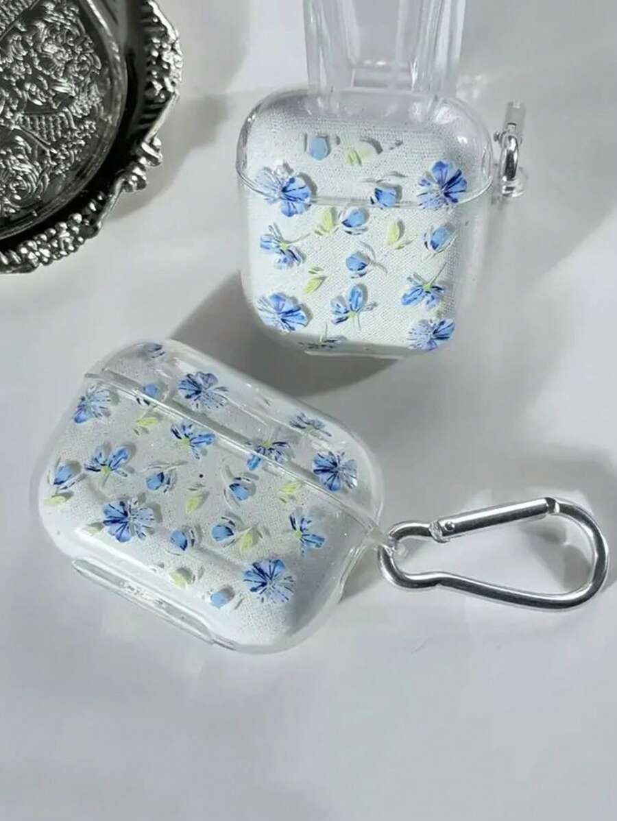 Flower 1pc Blue & Ditsy Floral TPU Scratch-Resistant Earphone Case With Carabiner, Compatible With Apple Earphone Models - Blue Flowers - View 1
