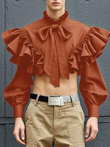 INCERUN Fashion Mens Tie Front Buttons Long Sleeve Ruffle Blouse Holiday Party Casual Shirt Tops - trái cam - Xem 2