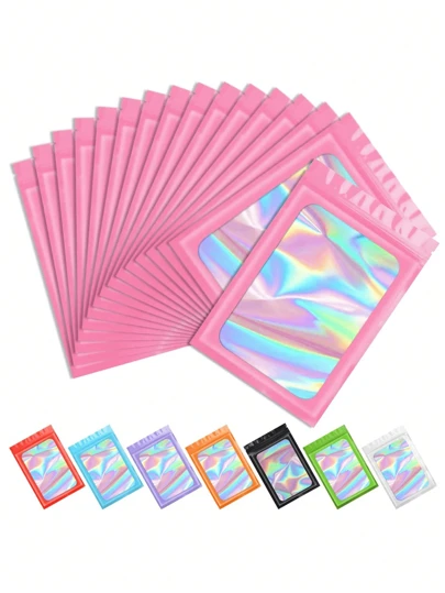 100个粉色礼品包装袋，可重复密封，彩色样品袋，透明展示袋，可重复使用拉链袋，全息袋，适用于珠宝、配饰、线缆、化妆品收纳，也适用于派对、婚礼、生日、小型企业、节日礼物、派对回礼、单身派对、新娘送礼会、情人节等场合。