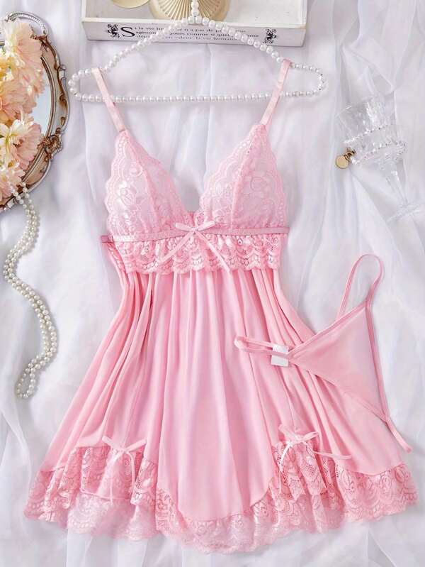 2pcs Plus Size Women's Sexy Solid Contrast Lace Nightgown Dresses, V-Neck Open Back Asymmetric Hem Suspender Dress And Thong, Comfortable Nightgown