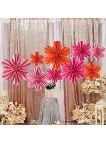 Set de 9 unidades de abanicos de papel en tonos rosa claro, rosa oscuro y naranja, adecuado para cumpleaños, bodas, regalo de novia, San Valentín, abanicos colgantes, ceremonias de apertura, decoración para declaraciones, fiestas de Año Nuevo y carnaval
