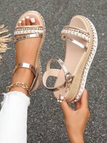 Summer Dressy Platform Sandals, Woven Knot Beach Boho Open Toe Elastic Ankle Strap Breathable Wedge Heel Comfy Casual Orthopaedic Flat Sandals - Gold - View 2