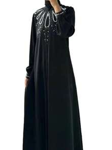 Elegant Solid Color Women's Robe, Western & Retro Style, Black Long Sleeve Abaya Jalabiya With Zipper, Pearls & Rhinestones, Modest Kaftan