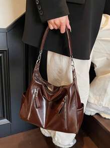 Miralda 复古 2025 磨砂皮纹大容量时尚百搭单肩包 高端沙滩包 托特包 购物包 大包 小众质感手提包 拉链 双肩带 斜挎包 - 咖啡 - 查看 4