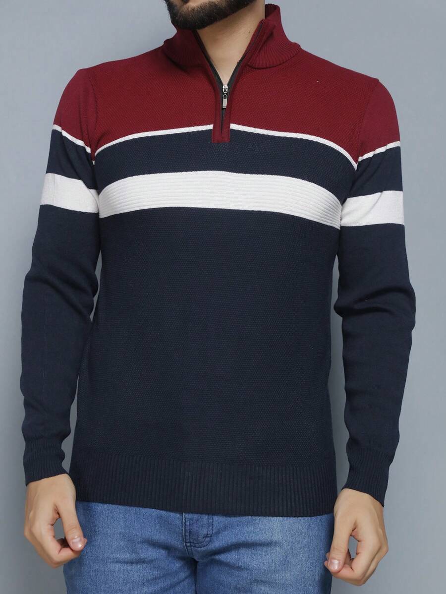 Men's Knitted Sweater High Neck Zipper Autumn Cold Weather Top - 酒紅色 - 查看 1