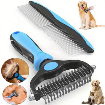 二合一狗/猫美容和脱毛耙和梳子套装 - 不锈钢底毛耙，用于脱毛和脱毛 - 宠物护理必备工具，用于健康毛发、宠物美容，符合人体工程学的手柄，可重复使用，防止夏季过热和皮肤刺激