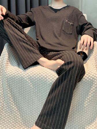 2pcs/Set Men's Breathable Moisture Wicking Long Sleeve Top And Pants Pajama Set, Spring & Fall
