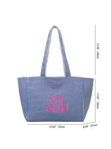 Esta bolsa de lona a rayas de doble cara es una bolsa de compras ligera, casual y minimalista, adecuada para mujeres jóvenes, principiantes y trabajadores de oficina. Es perfecta para la universidad, es una opción ideal para el regreso a clases, el primer día de clases, la playa, las vacaciones, la bolsa escolar y un artículo imprescindible para la universidad. Bolsa de lona, atuendos de verano - Azul - Ver 5