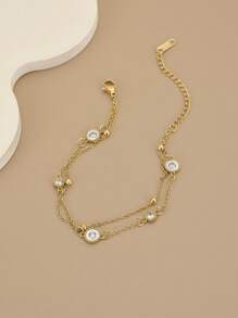 1pc Rhinestone & Crystal Decorated Retro Style Double Layer Round Ball Stainless Steel Luxury Women Bracelet